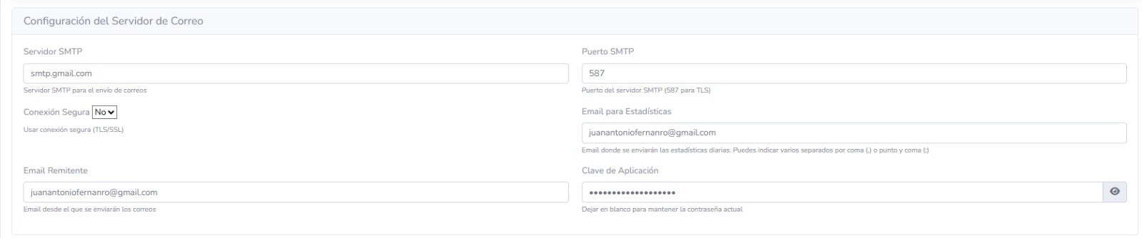 Configuración del servidor de correo y envío de estadísticas en Ocio.Center