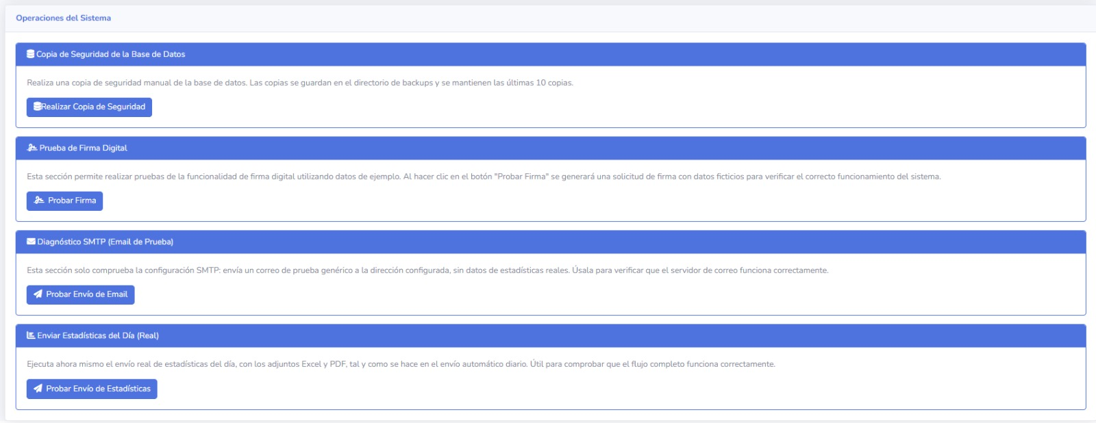 Panel de pruebas de copia de seguridad, firma, correo y estadísticas en Ocio.Center