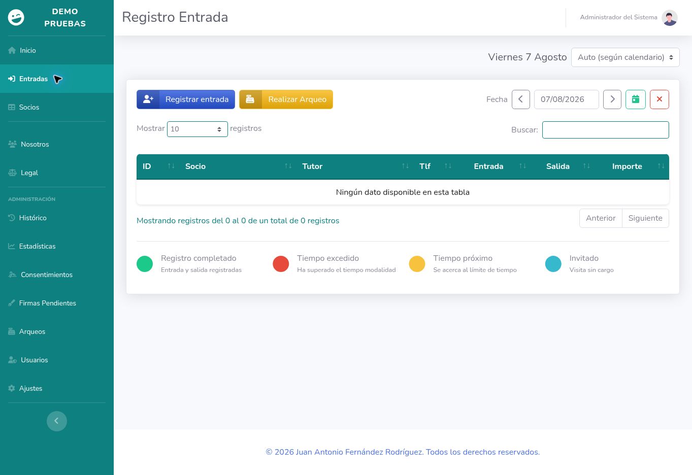 Pantalla de control diario de entradas y estados de tiempo en Ocio.Center