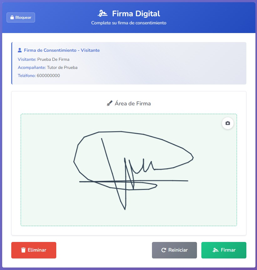 Pantalla de firma digital de consentimiento en Ocio.Center