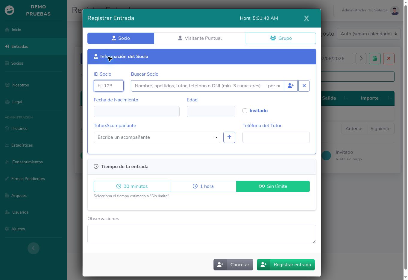 Formulario de Ocio.Center para registrar la entrada de socios, visitantes y grupos